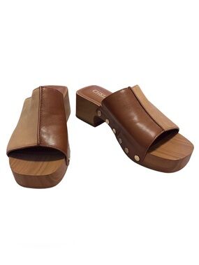 Chelsea & Violet Two-Tone Brown and Tan Leather Slide Platform Mules